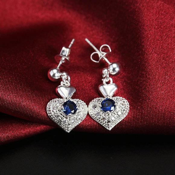 Beautiful 4 Pc Set Sapphire Heart Pendant, Earrings, & 18" Chain Sterling Silver - Picture 6 of 10